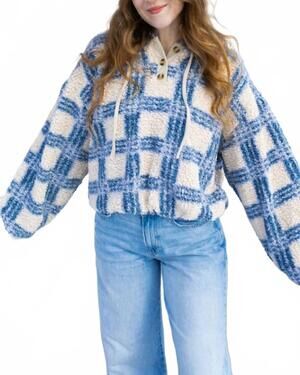 NEW MUSTARD SEED long sleeves sherpa hoodie in blue plaid
